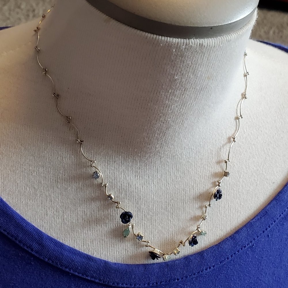 16" Silver Tone Blue Flower Strand Collar Necklace